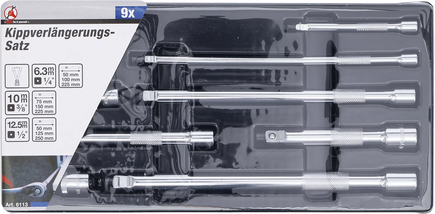 BGS Set di Prolunghe per Inclinazione - 9 Pezzi - Cromato Lucido con Vassoio Portautensili