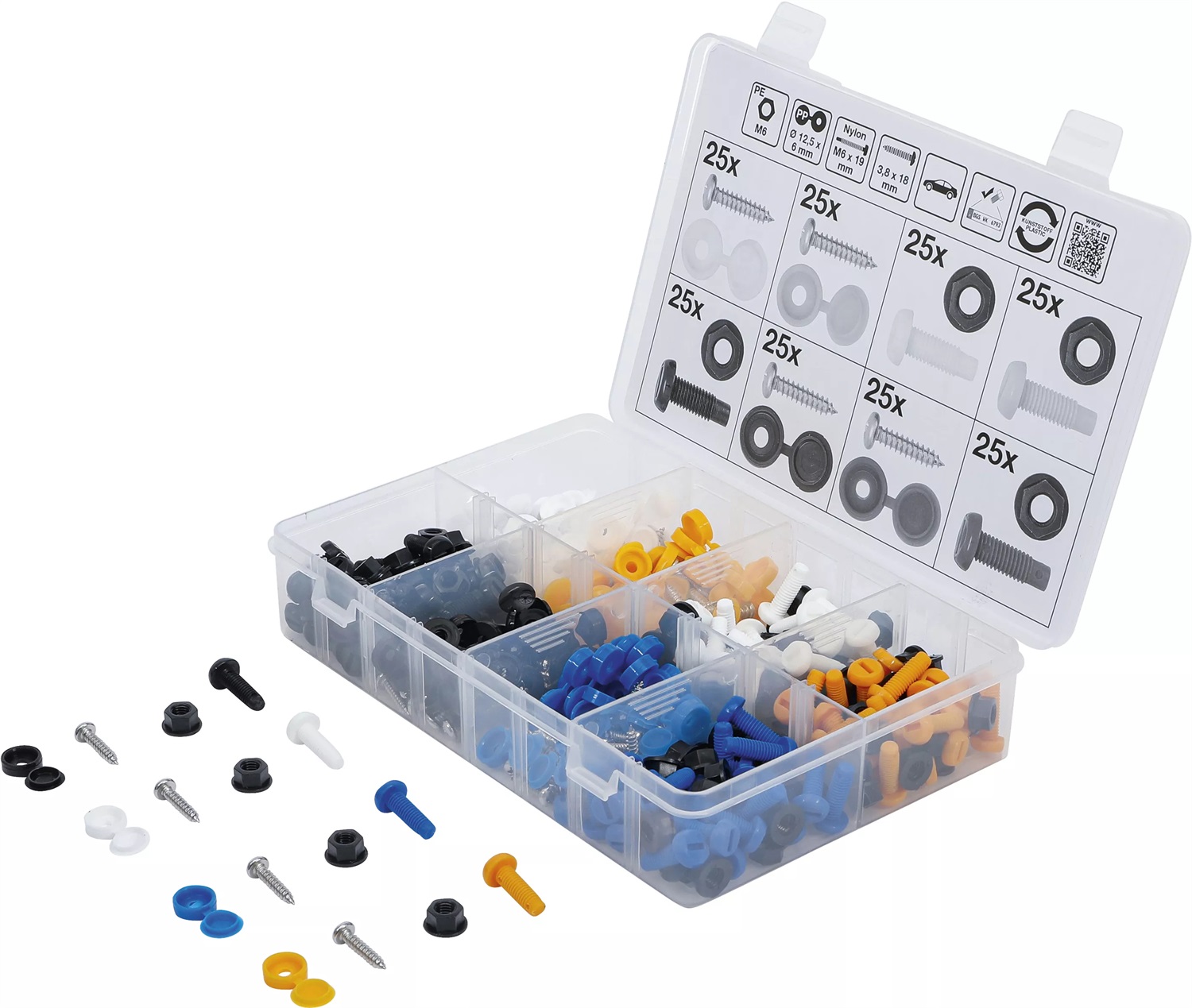 BGS Assortimento Viti, Dadi e Tappi di Copertura - 400 pz per Fissaggio Targhe Auto e Moto