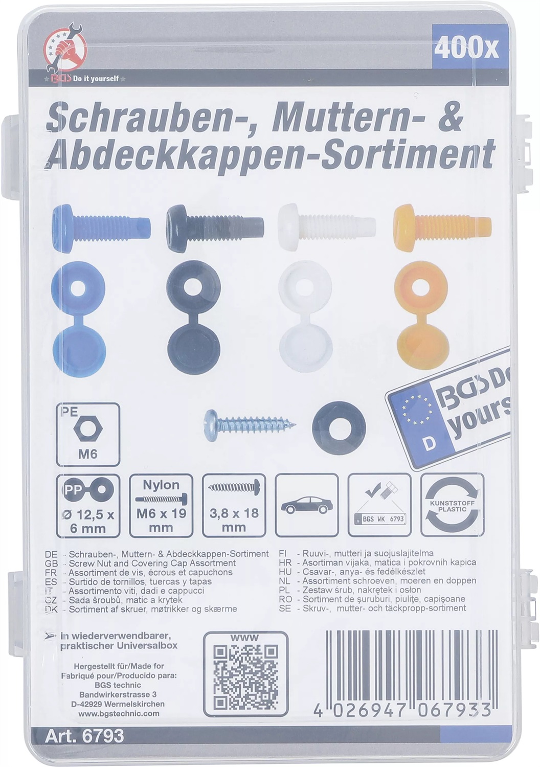 BGS Assortimento Viti, Dadi e Tappi di Copertura - 400 pz per Fissaggio Targhe Auto e Moto