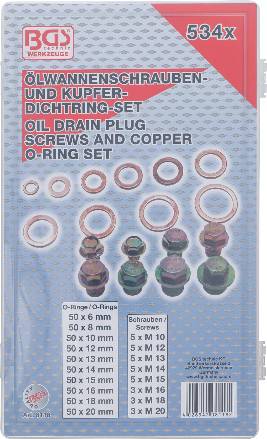 BGS Assortimento Tappi Coppa dell'Olio e Guarnizioni in Rame - 534 Pezzi