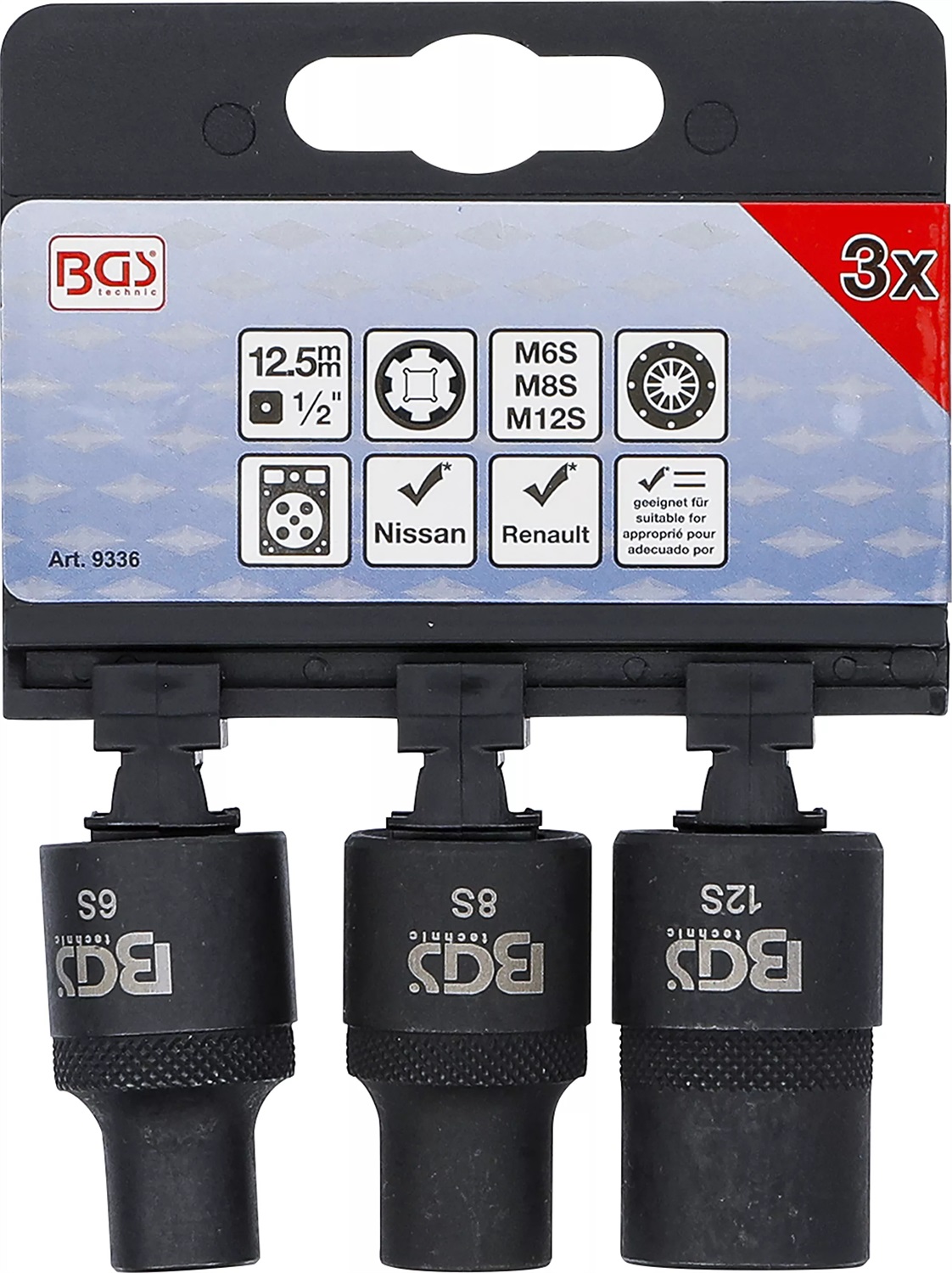 BGS 9336 - Set di bussole con profilo a cuneo (per RIBE) M6S, M8S, M12S - 3 pezzi in acciaio al cromo vanadio