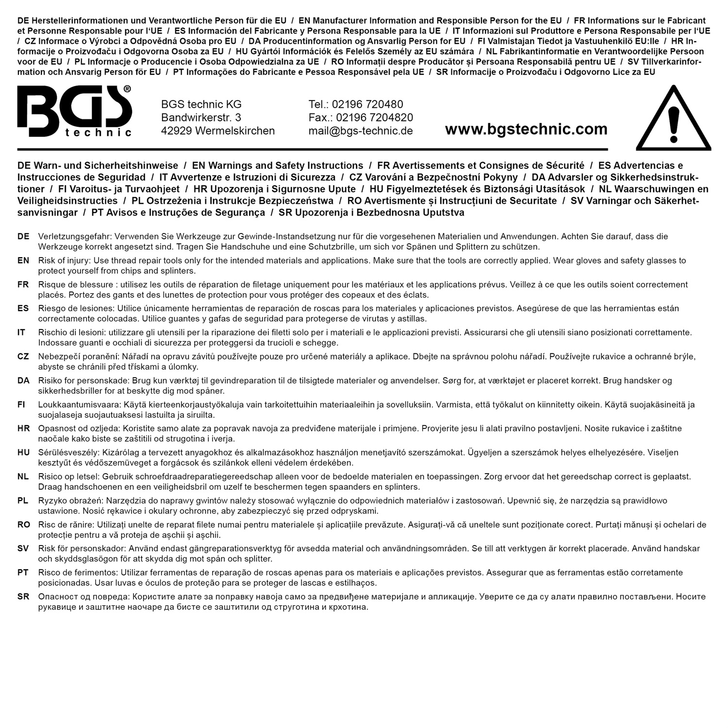 BGS 9438 - Kit di riparazione filetti M24 x 2,0 mm, 7 pezzi in cassetta di metallo