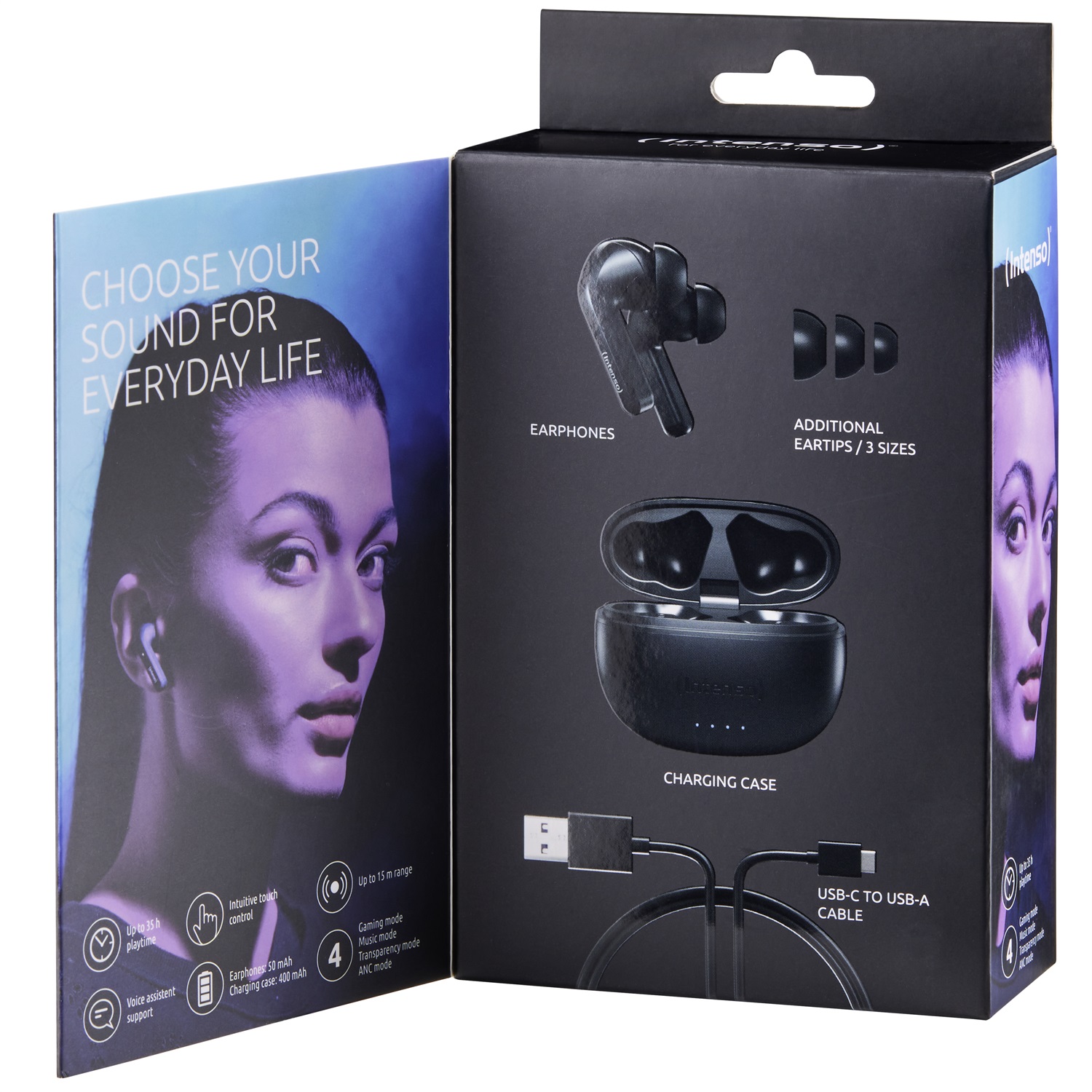 Intenso Black Buds T300A Cuffie True Wireless Stereo (TWS) In-ear con Bluetooth 5.3, Cancellazione del Rumore, USB Tipo-C, Nero