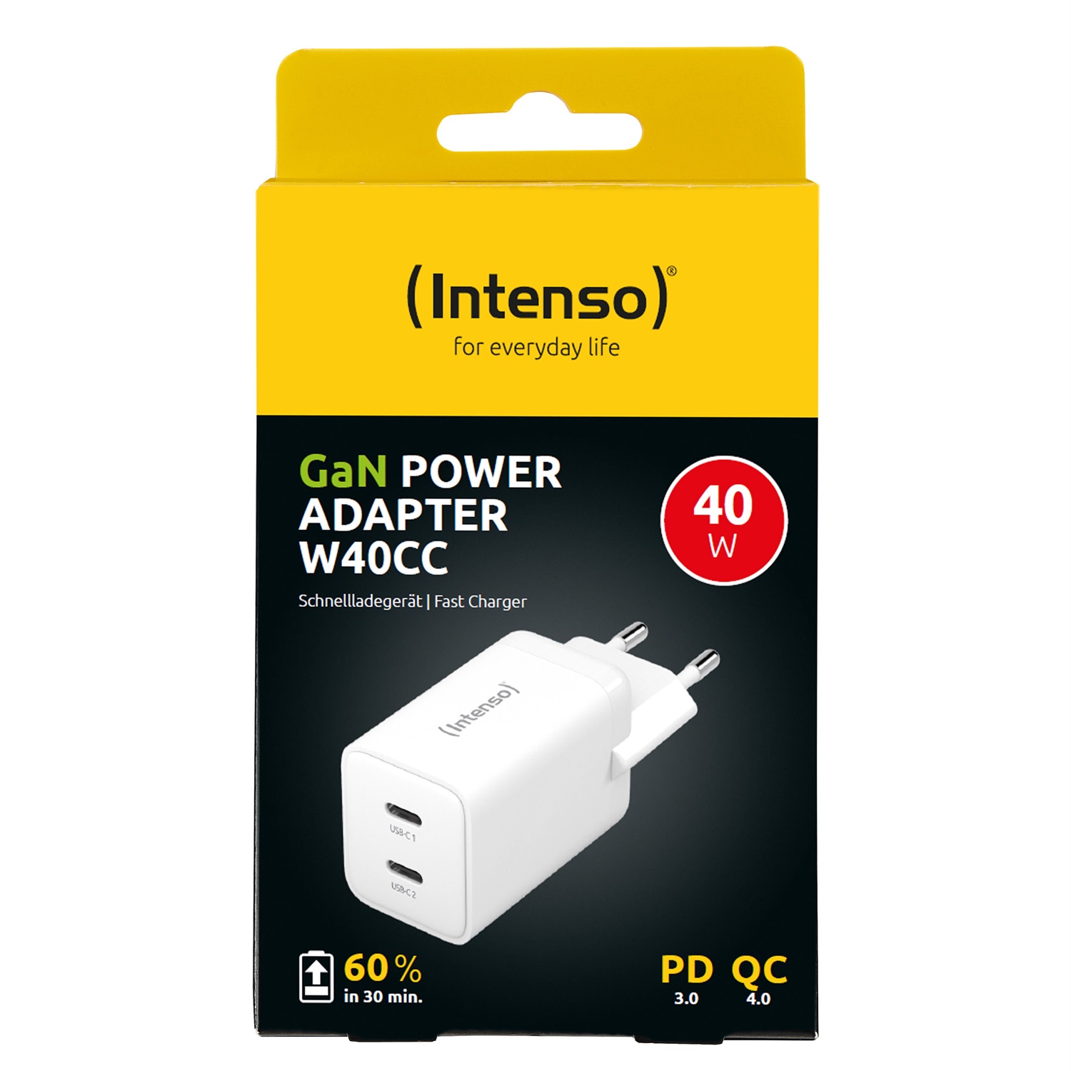 Intenso Power Adapter W40CC GaN 40W - Alimentatore USB-C con 2 Porte, Ricarica Rapida, Bianco
