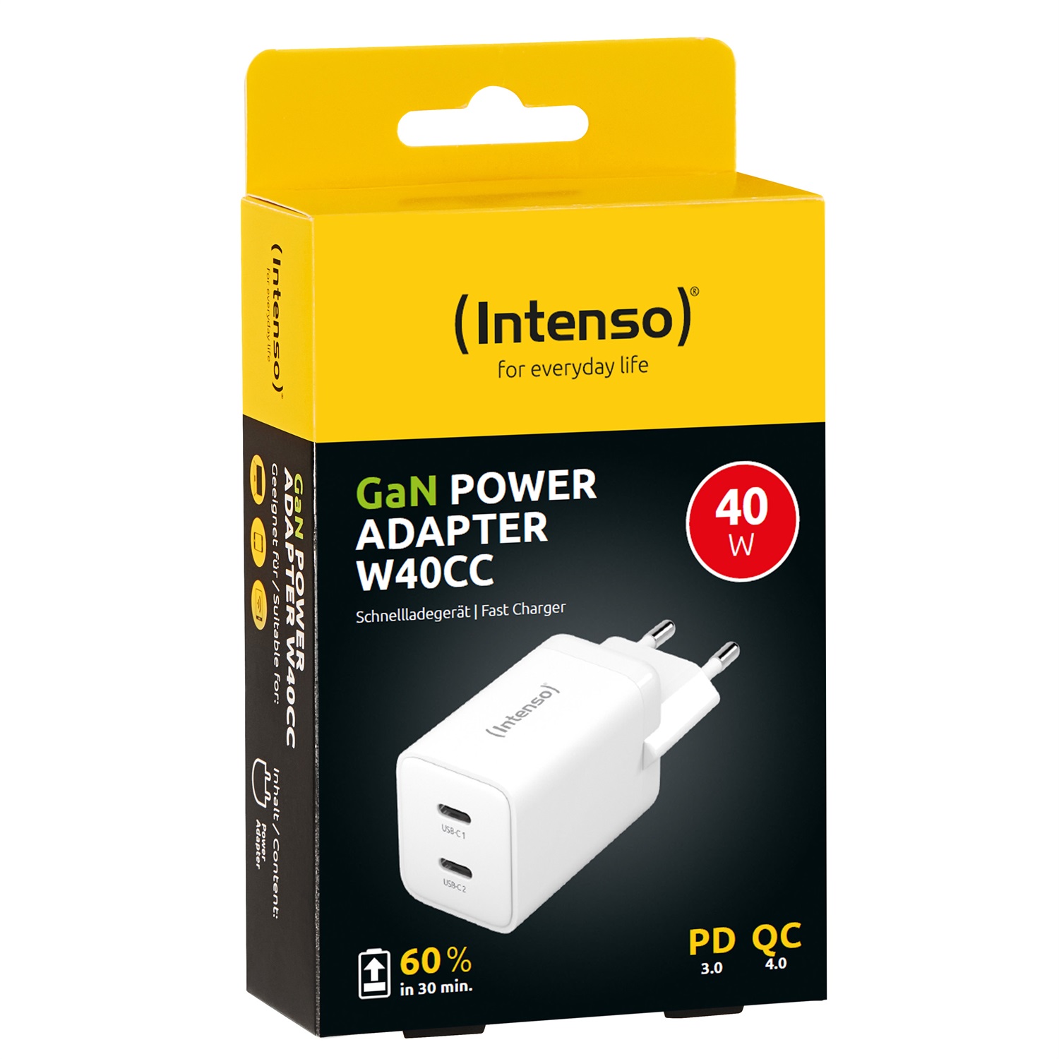 Intenso Power Adapter W40CC GaN 40W - Alimentatore USB-C con 2 Porte, Ricarica Rapida, Bianco