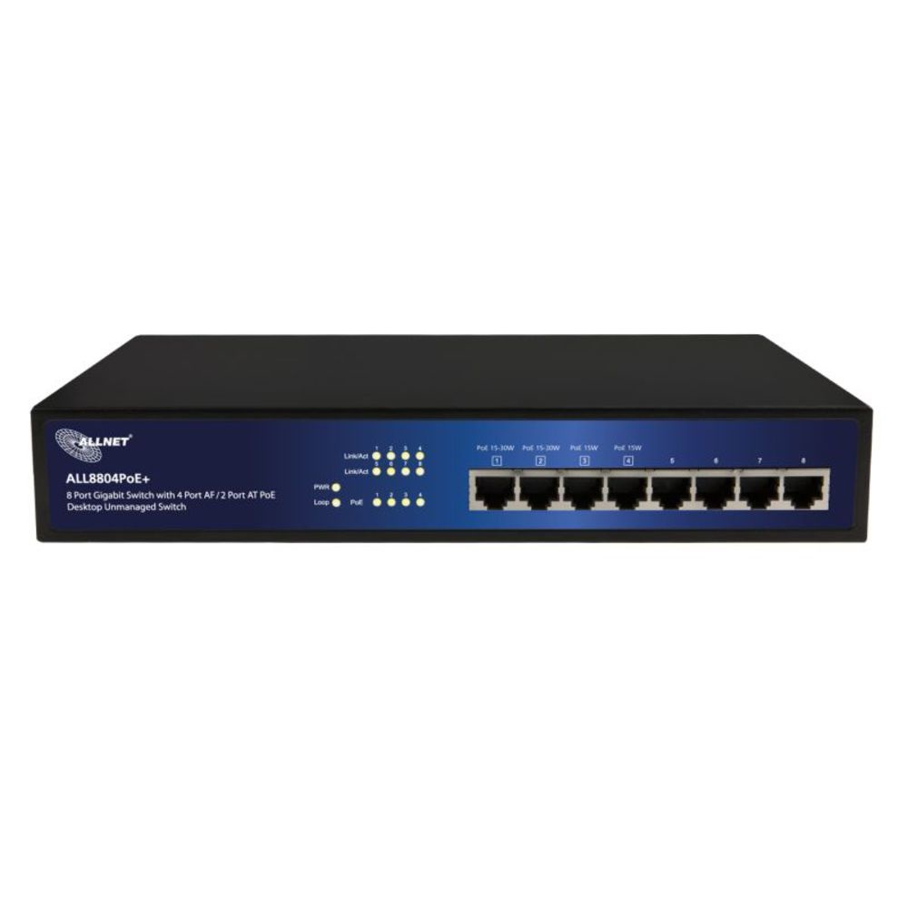 ALLNET ALL8804POE Switch di Rete Non Gestito L2 Gigabit Ethernet 8 Porte con Supporto Power over Ethernet (PoE) - Nero e Blu