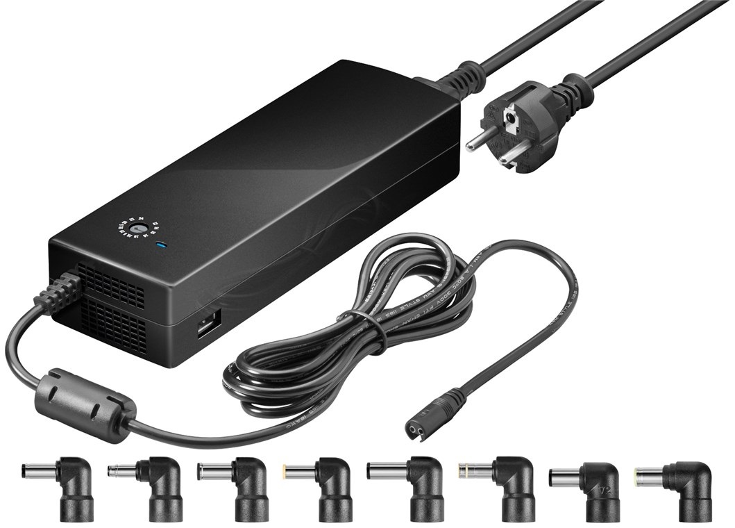 Goobay Alimentatore per Notebook 134.5 W con Tensione Selezionabile 12-24V e Porta USB - Nero