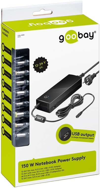 Goobay Alimentatore per Notebook 134.5 W con Tensione Selezionabile 12-24V e Porta USB - Nero
