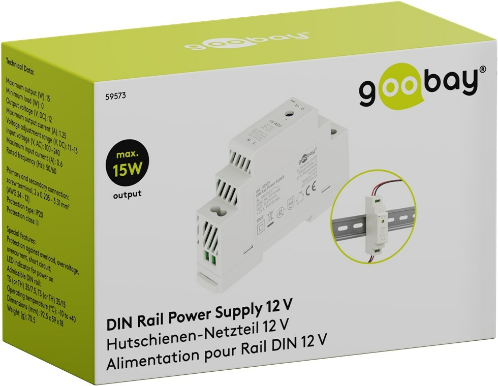 Goobay 59573 - Alimentatore di rete a binario 12 V, 1,25 A, 15 W per sistemi di sorveglianza e citofoni