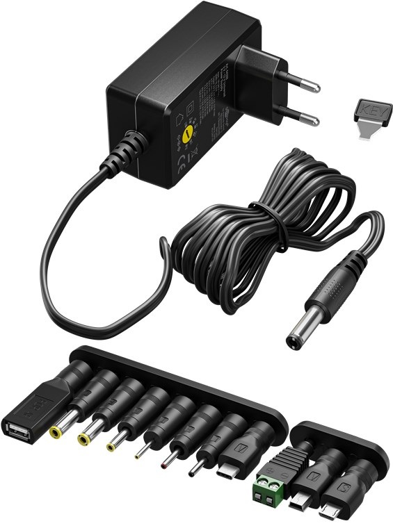Goobay Alimentatore Universale 3-12V 18W con 11 Adattatori, USB C, USB A e Micro USB - Nero
