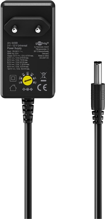 Goobay Alimentatore Universale 3-12V 18W con 11 Adattatori, USB C, USB A e Micro USB - Nero
