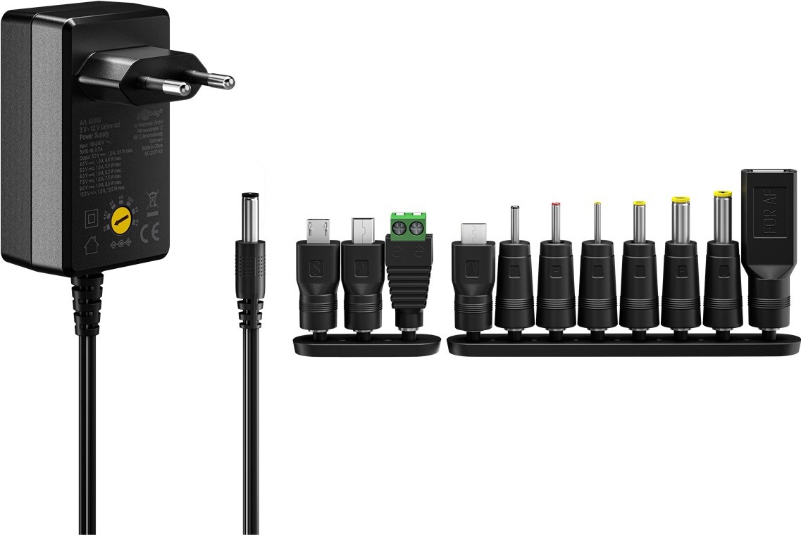 Goobay Alimentatore Universale 3-12V 18W con 11 Adattatori, USB C, USB A e Micro USB - Nero