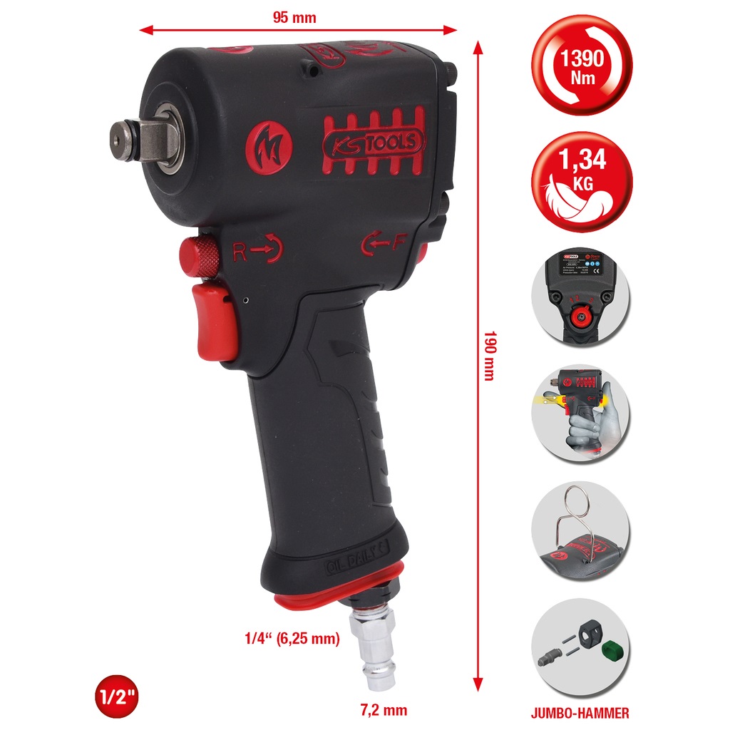 KS Tools 515.1270 Avvitatore Pneumatico ad Impulsi 1/2'' miniMONSTER 1.390 Nm con Impugnatura Antiscivolo Soft-Grip e Leva di Inversione