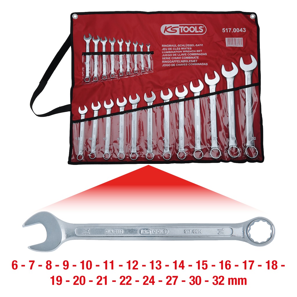 KS Tools 517.0043 Set di Chiavi Combinate Inclinate, 21 Pezzi, 6-32 mm, Profilo FlankTraction, Angolo 15°, Cromo-Vanadio