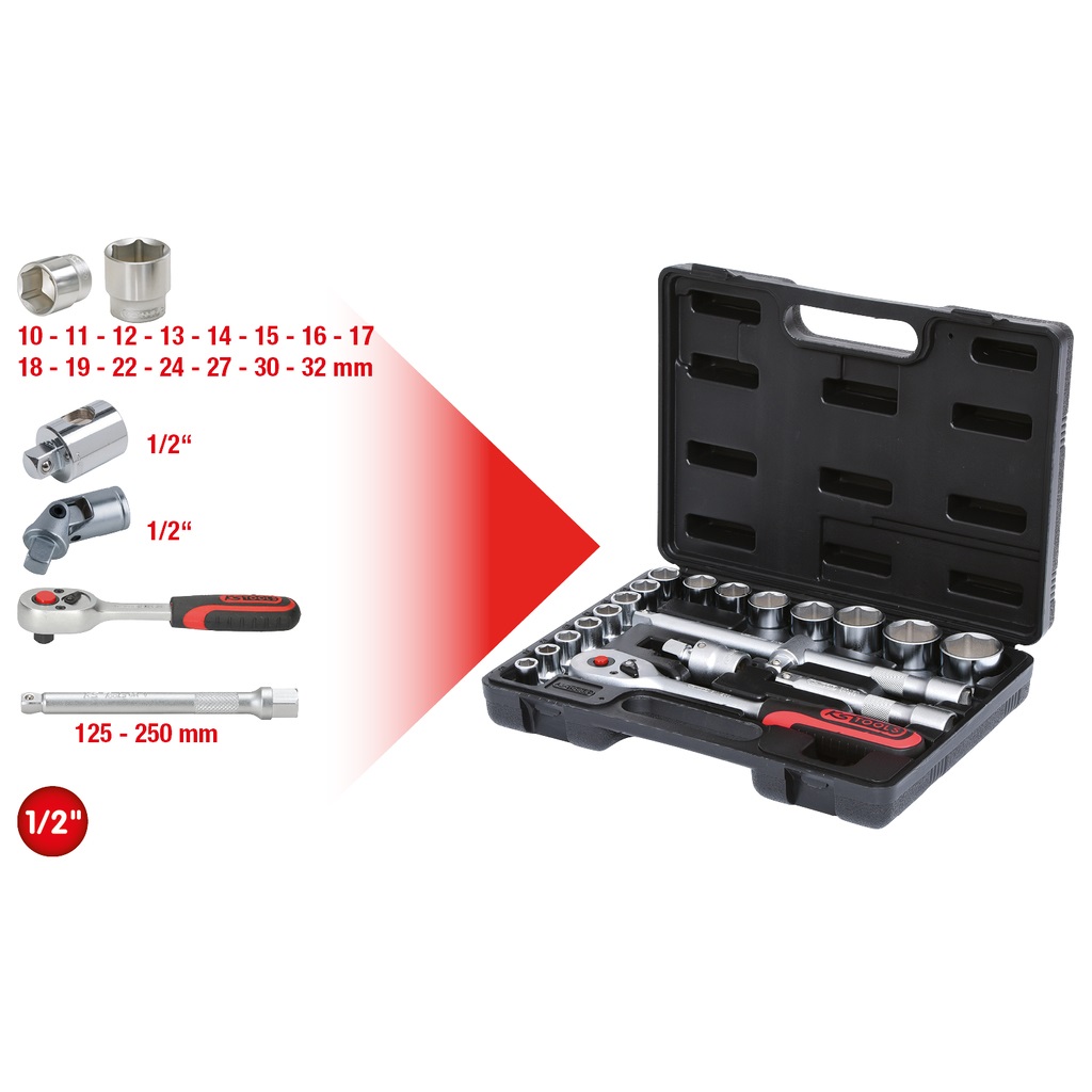 KS Tools Set di Chiavi a Bussola 20 Pezzi 1/2 Pollice in Cromo Vanadio con Design Ergonomico