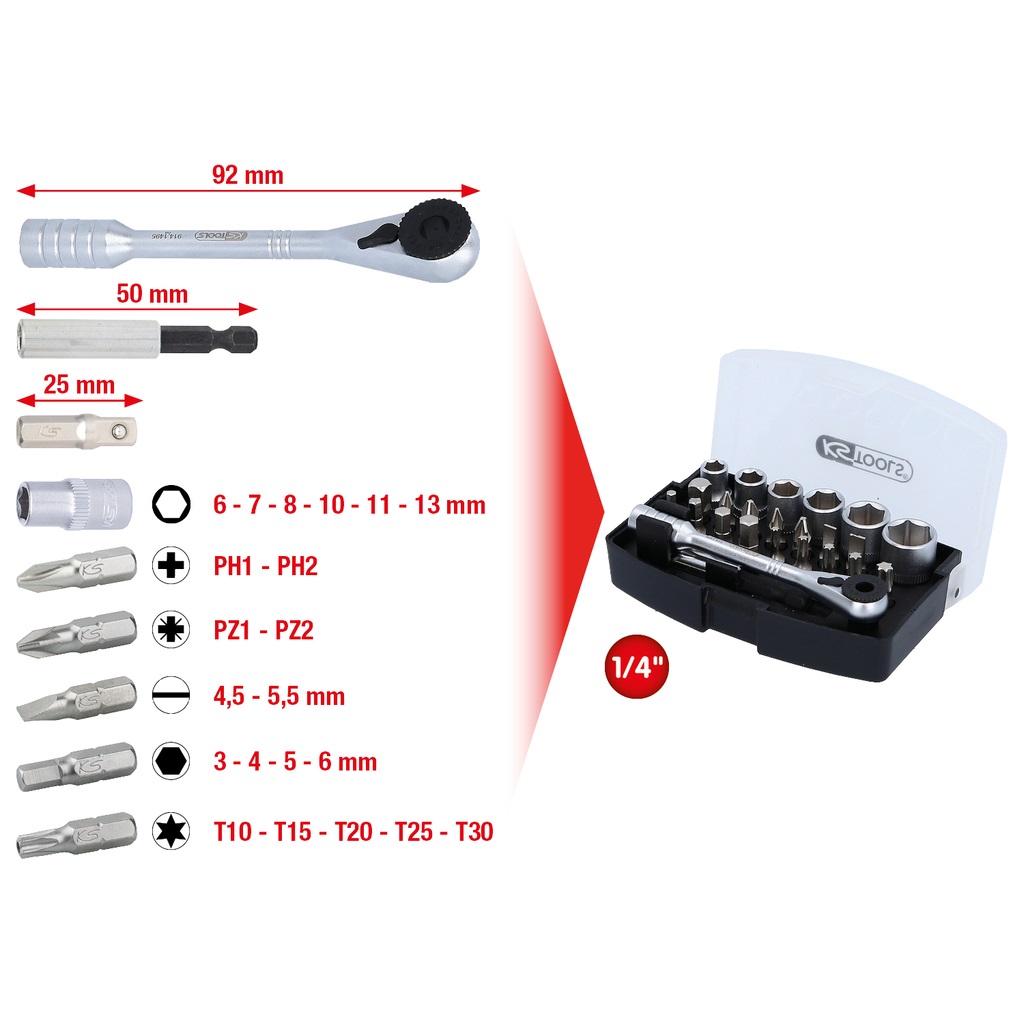 KS Tools 911.2010 Kit di inserti per cacciavite 1/4 - 24 pz in Cromo-vanadio con scatola di plastica