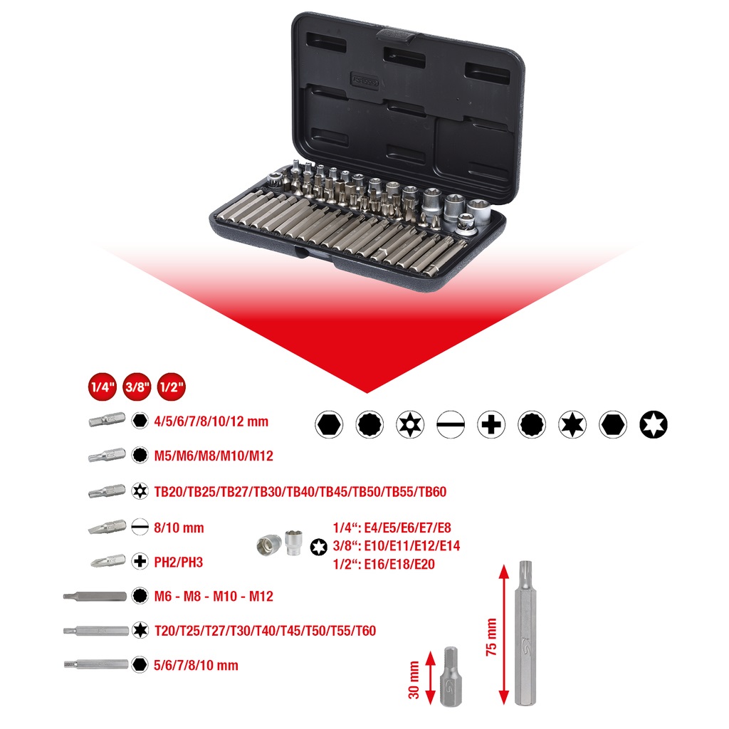 KS TOOLS Kit Attrezzi 911.4305 - 57 Pezzi con Chiavi a Bussola e Inserti TX, Dimensioni 1/2, 1/4, 3/8