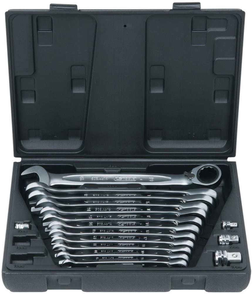 KS Tools 503.4666 Set di Chiavi a Cricchetto Combinate GEARplus Reversibili, 16 Pezzi 8-19 mm, con Adattatore, Profilo FlankTraction, Bocca Inclinata a 15°, Testa a Cricchetto Piegata a 15°, Dentatura 72 Denti