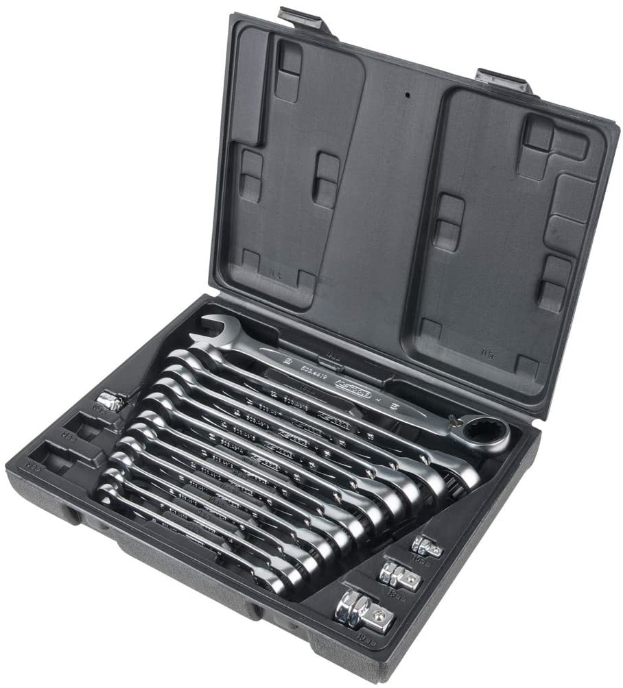KS Tools 503.4666 Set di Chiavi a Cricchetto Combinate GEARplus Reversibili, 16 Pezzi 8-19 mm, con Adattatore, Profilo FlankTraction, Bocca Inclinata a 15°, Testa a Cricchetto Piegata a 15°, Dentatura 72 Denti