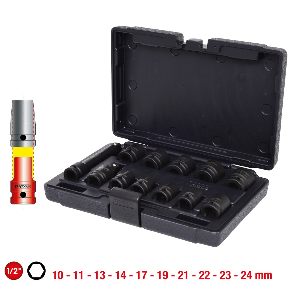 KS Tools 515.0112 Set di Bussole Esagonali Corte per Avvitatori ad Impulsi, 12 Pezzi, 10-24 mm