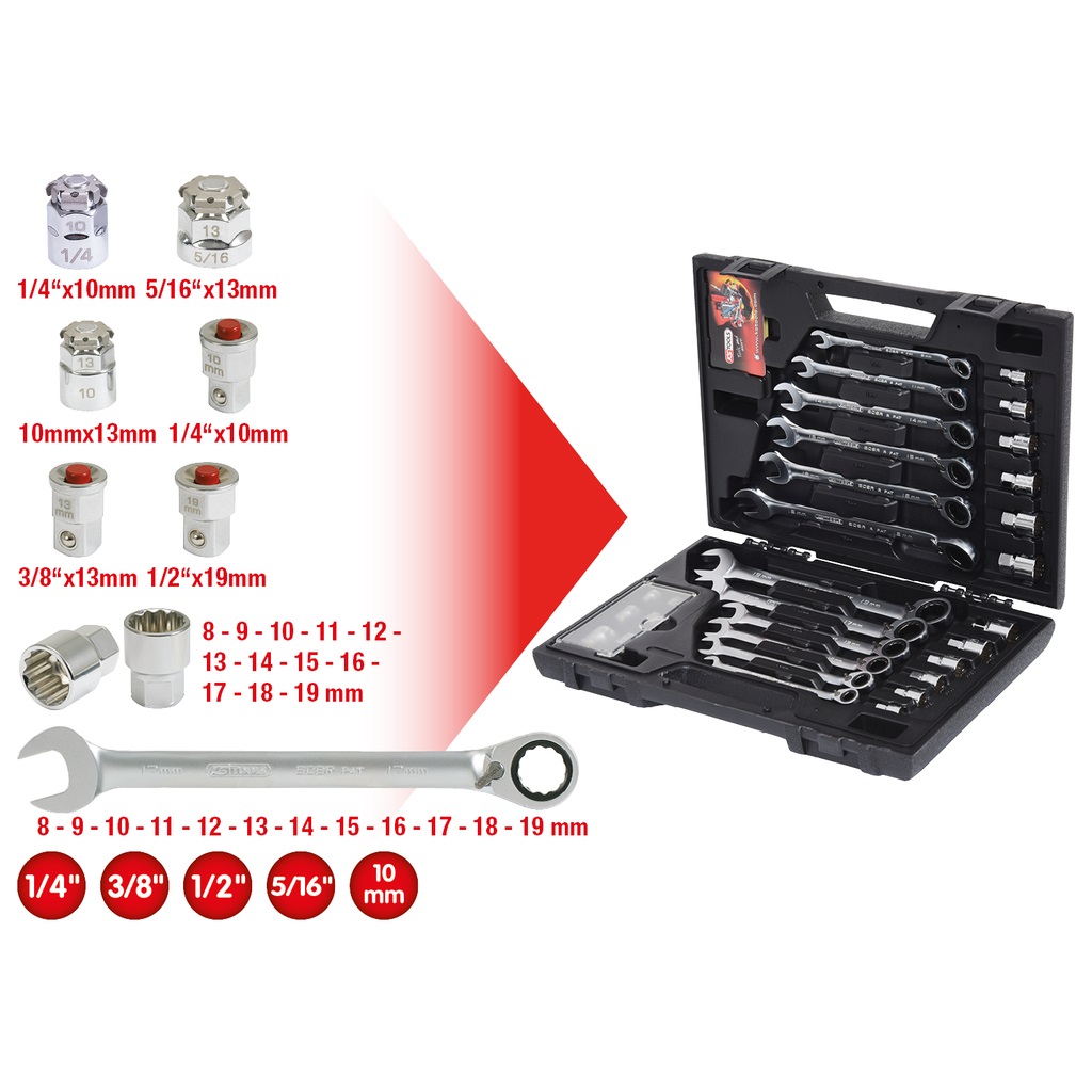 KS Tools 503.4960 Serie di chiavi a cricco combinata RINGSTOP, reversibili, 30 pz con adattatore, FlankTraction, bocca inclinata a 15°