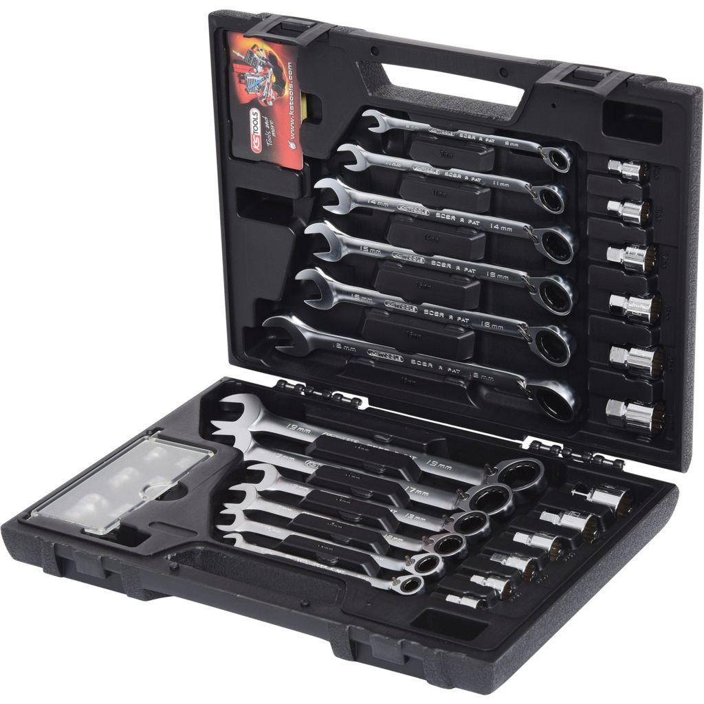 KS Tools 503.4960 Serie di chiavi a cricco combinata RINGSTOP, reversibili, 30 pz con adattatore, FlankTraction, bocca inclinata a 15°