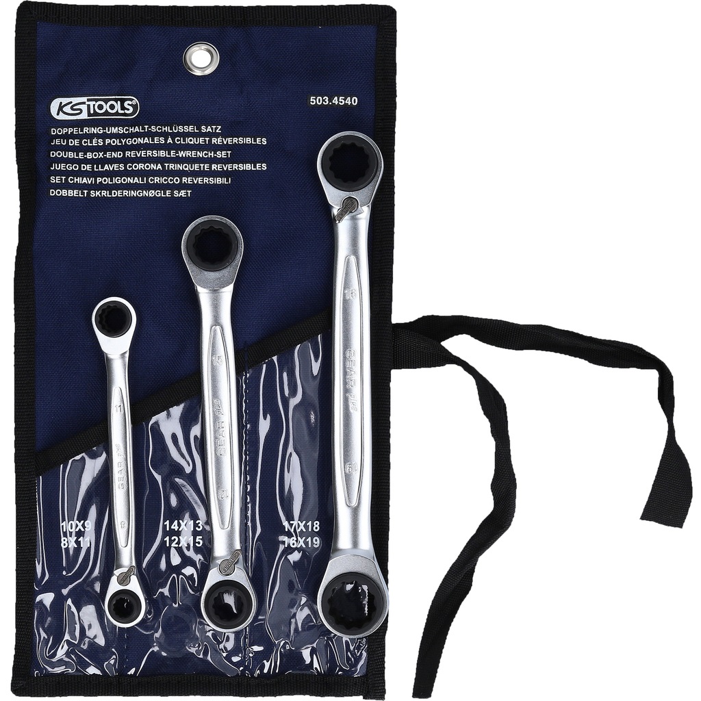 KS Tools 503.4540 Set di Chiavi a Cricco Doppie Poligonali Reversibili 4 in 1 GEARplus - 3 Pezzi, Apertura 8-19 mm, Profilo FlankTraction, Dentatura 72 Denti