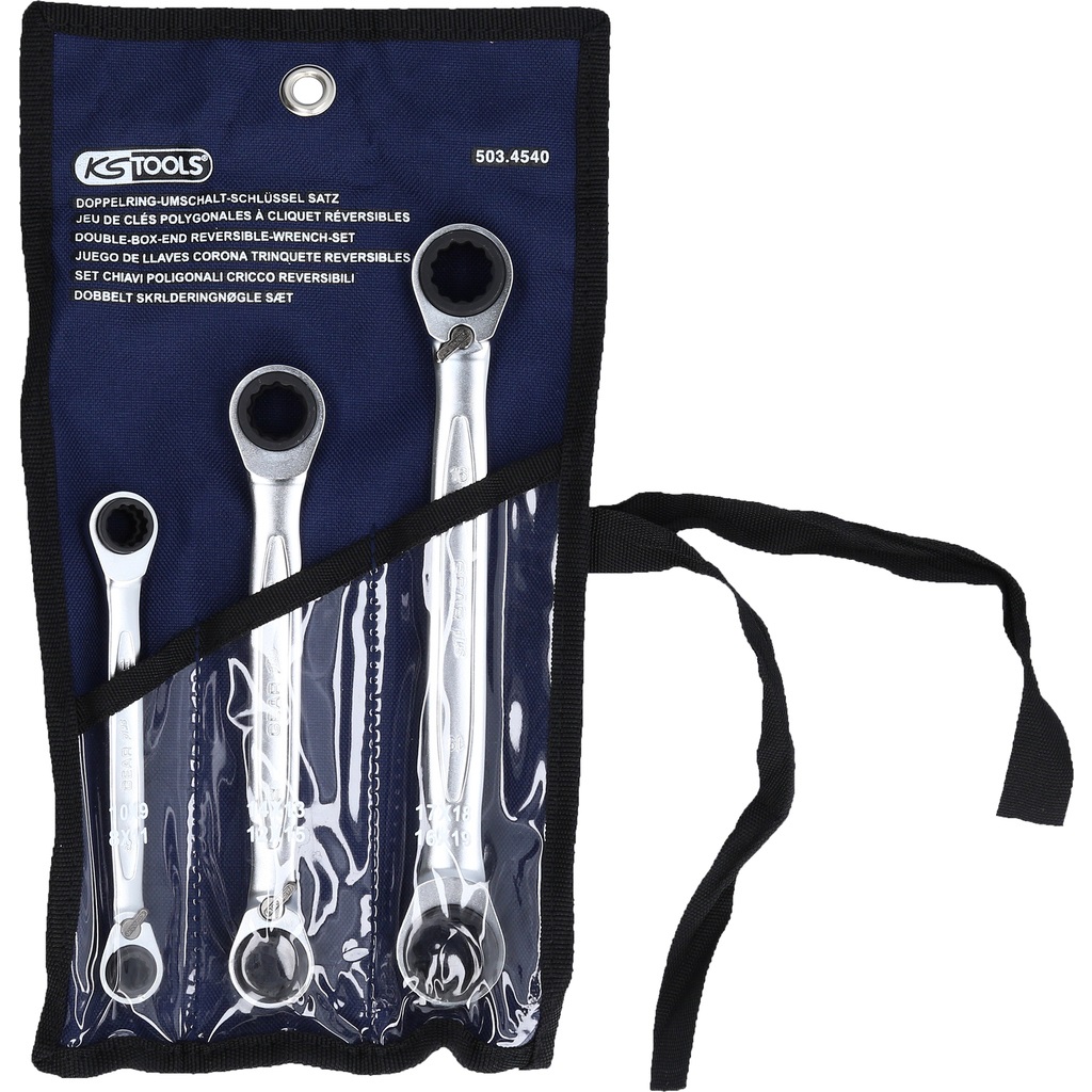 KS Tools 503.4540 Set di Chiavi a Cricco Doppie Poligonali Reversibili 4 in 1 GEARplus - 3 Pezzi, Apertura 8-19 mm, Profilo FlankTraction, Dentatura 72 Denti