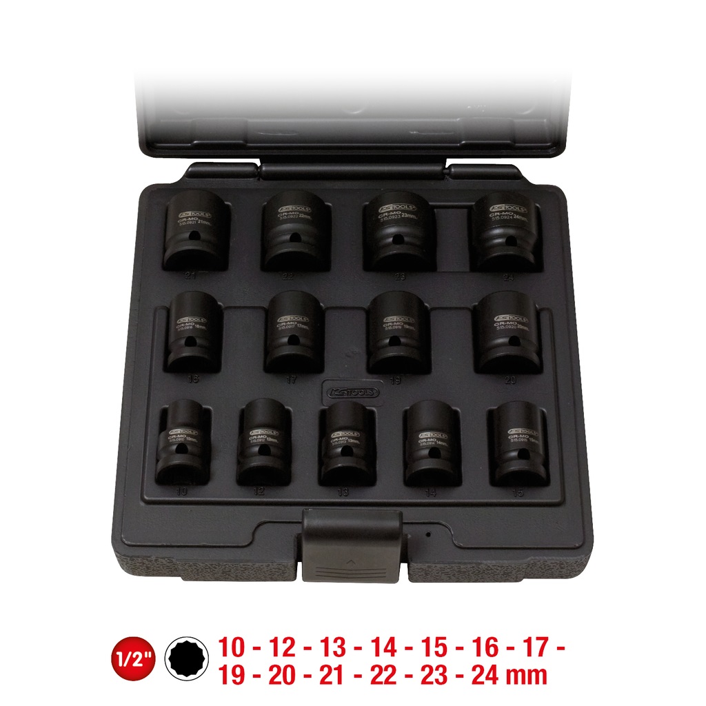 KS Tools 515.0900 - Set di Bussole Poligonali Corte per Avvitatori ad Impulsi, 13 Pezzi, 10-24 mm, 1/2