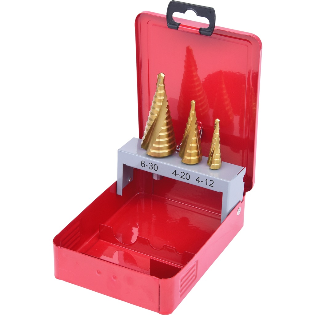 KS Tools Set di Punte a Gradino HSS TiN - 3 Pezzi, Custodia Metallica, Dimensioni 4-30 mm