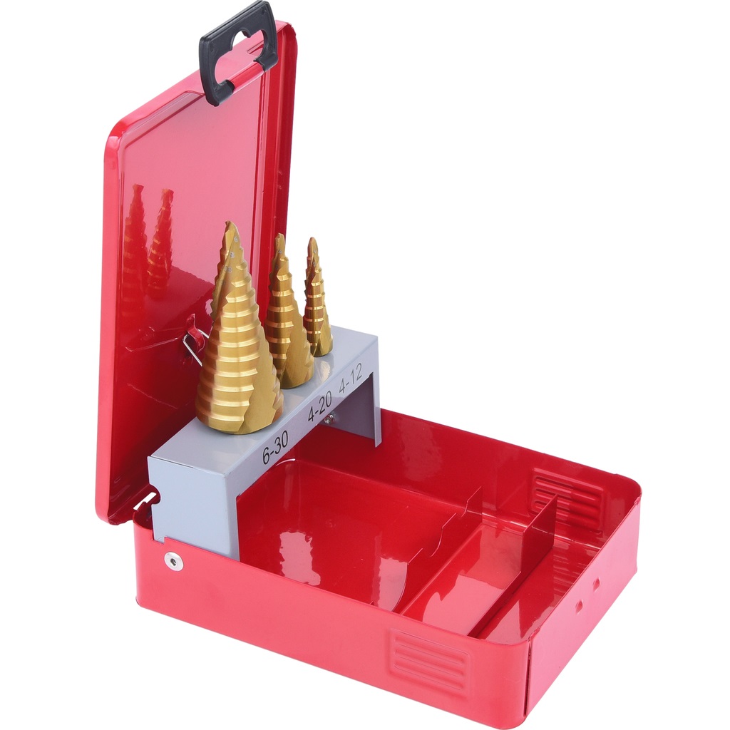 KS Tools Set di Punte a Gradino HSS TiN - 3 Pezzi, Custodia Metallica, Dimensioni 4-30 mm