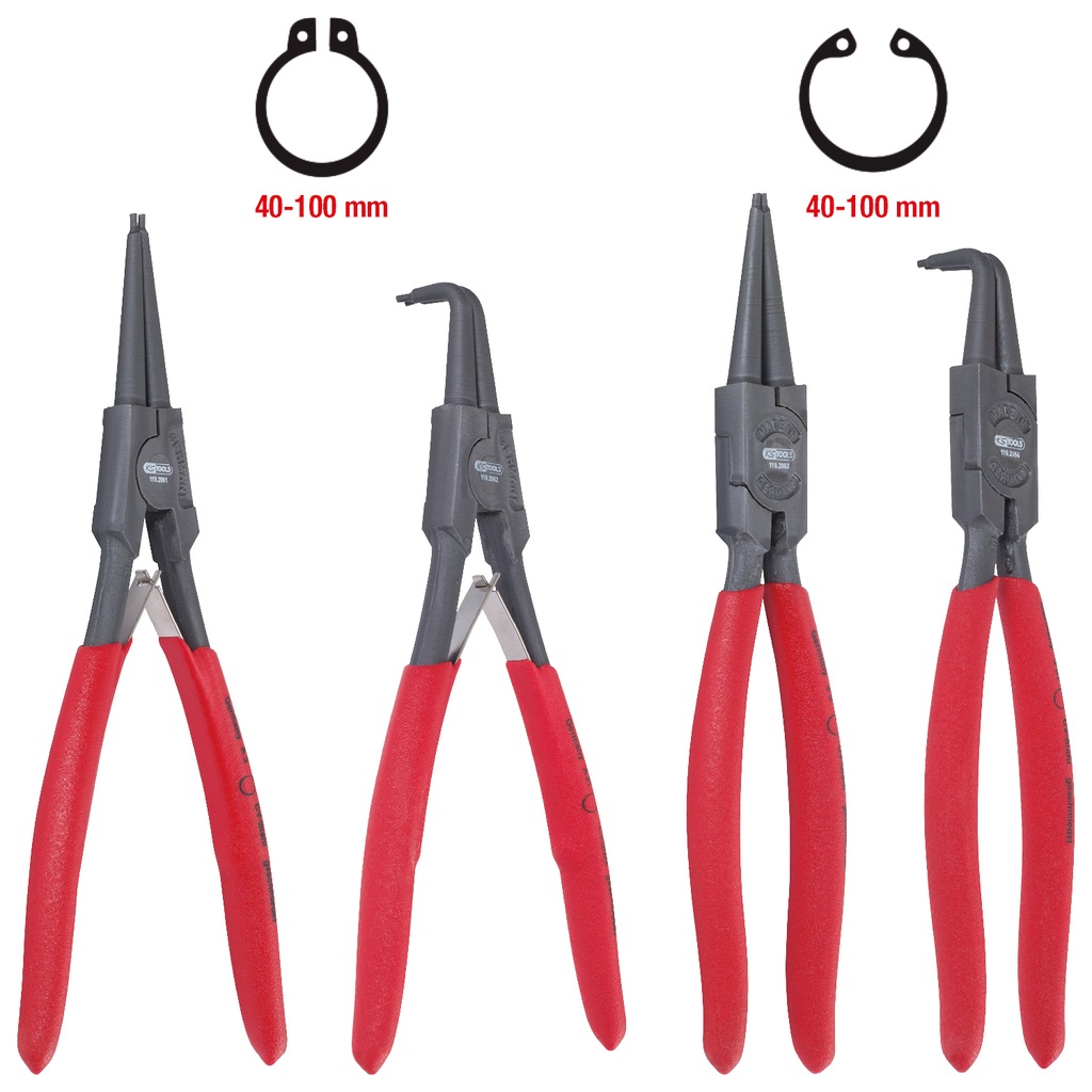 KS Tools 119.2060 - Pinze di Sicurezza per Anelli di Sicurezza Interni ed Esterni, Impugnatura in Gomma, Punte Angolate a 90°, 4 Pezzi