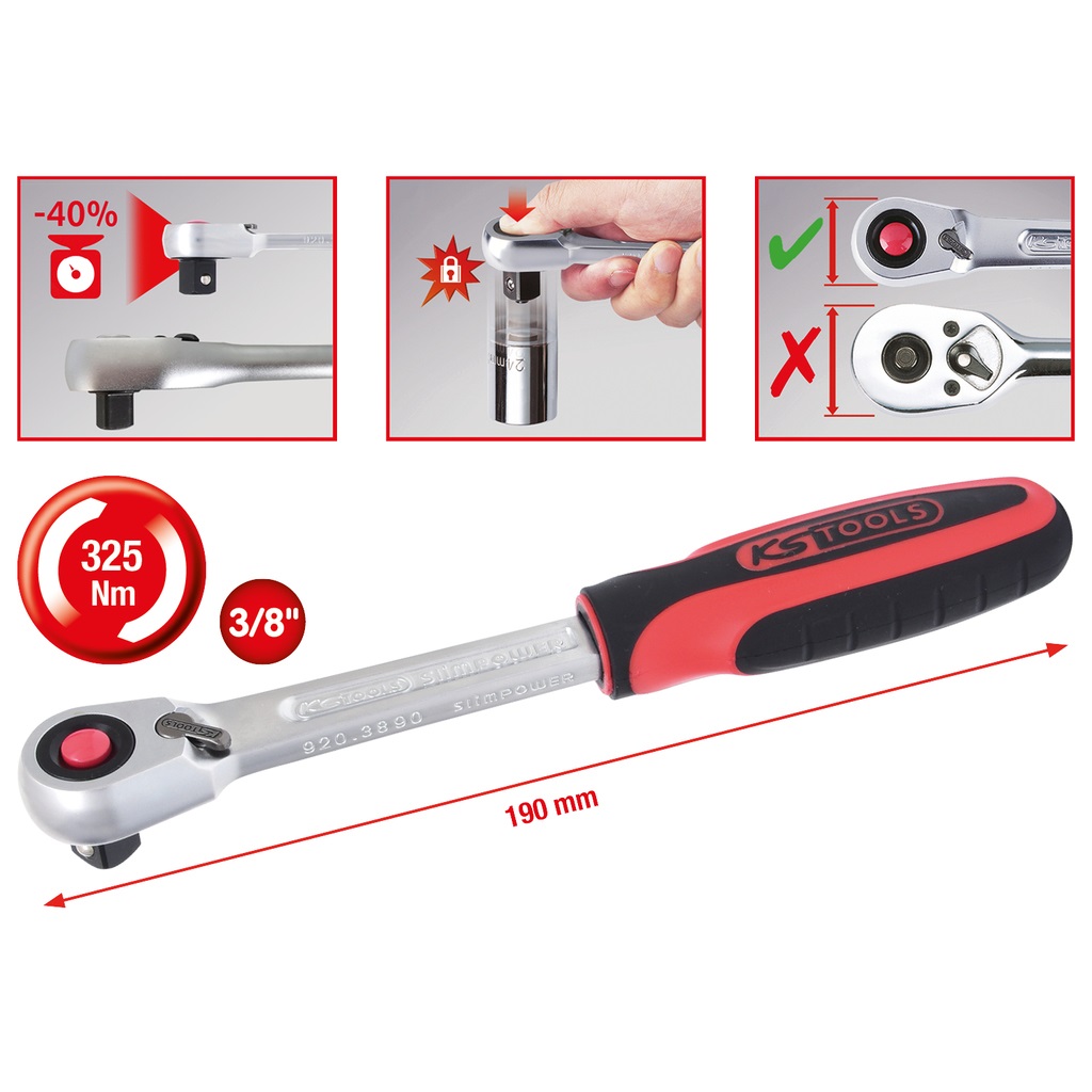 KS Tools Slimpower Leva a Cricco 3/8'' con 72 Denti in Acciaio al Cromo-Vanadio e Pulsante a Sgancio Rapido
