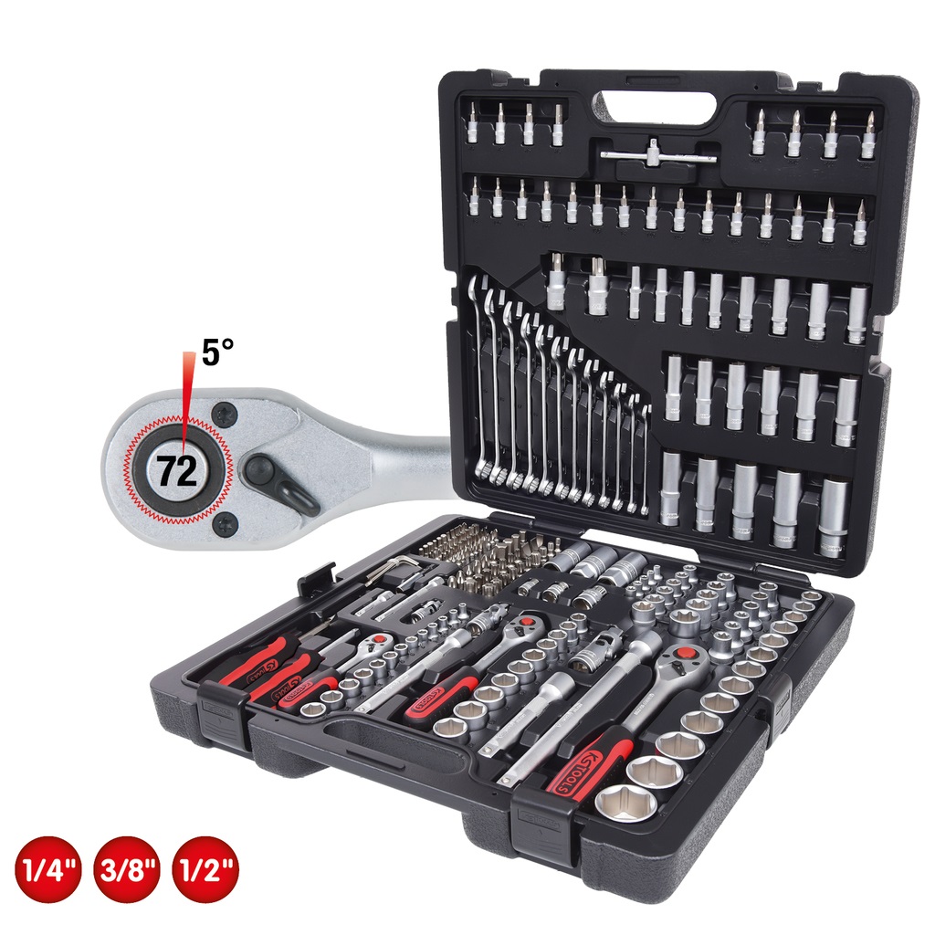KS Tools 917.0216 Set di Chiavi a Bussola 1/4'' 3/8'' 1/2'', 216 Pezzi, Cromo-Vanadio, Finitura Cromata Opaca, Valigetta Inclusa