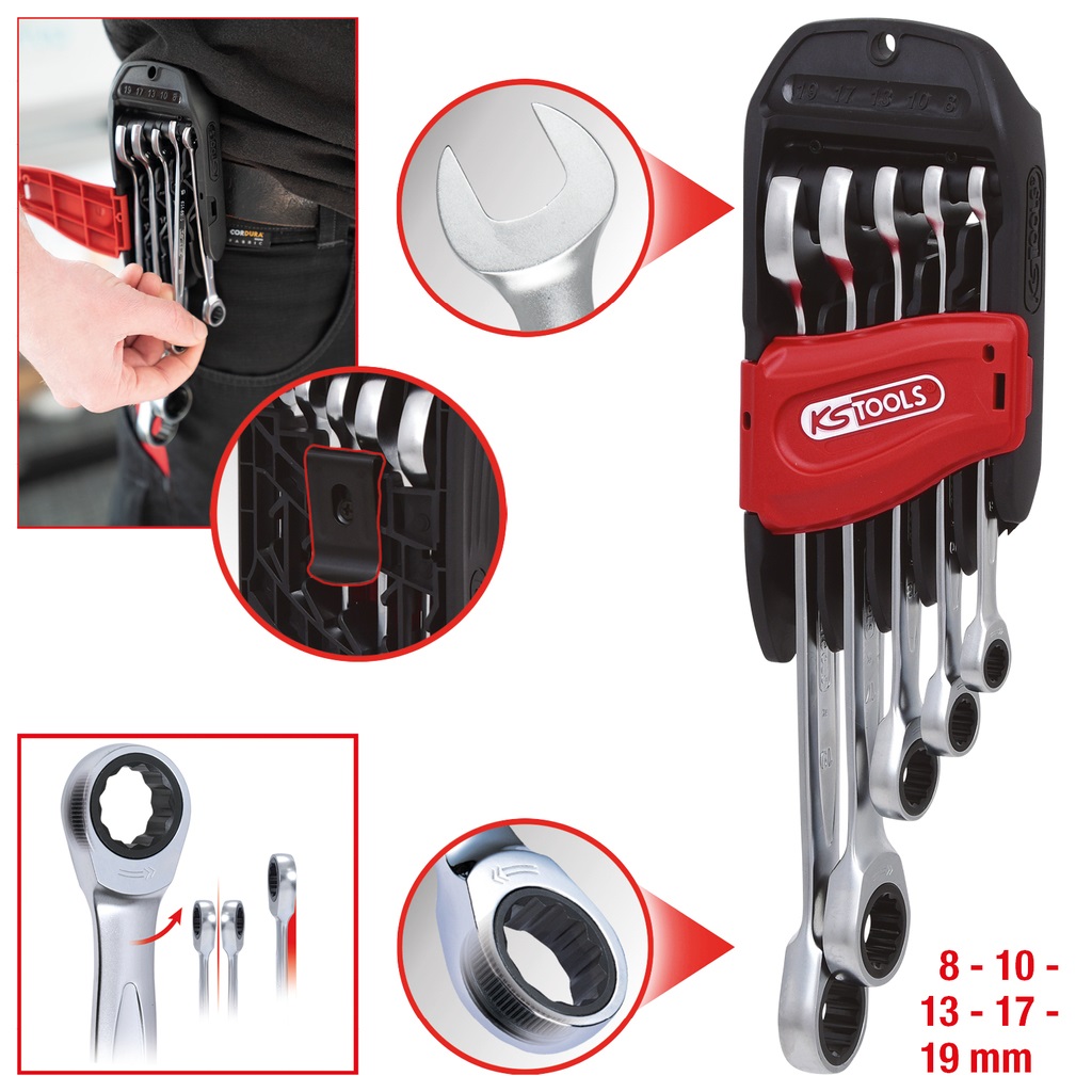KS Tools 503.4255 Set di chiavi a cricchetto combinate GEAR 5pz. 8-19mm FlankTraction Bocca inclinata 15° Finitura satinata