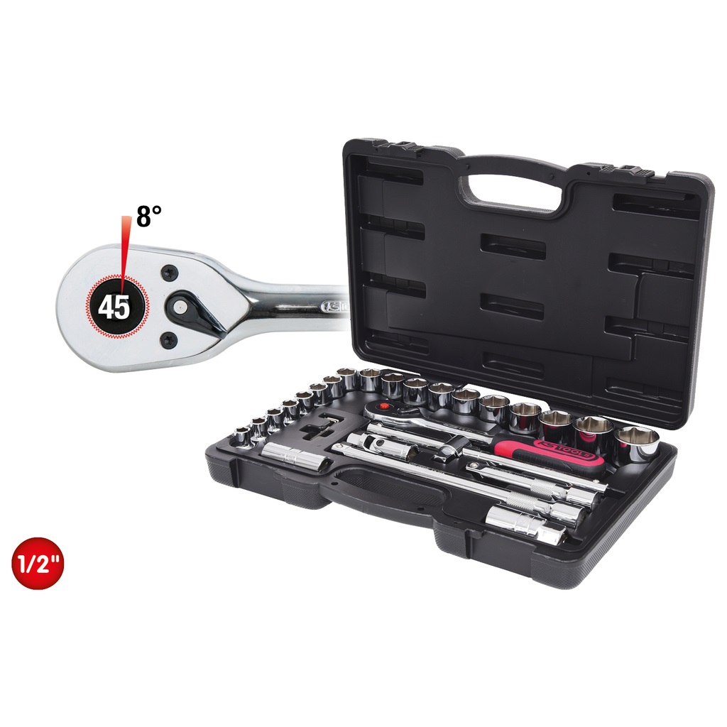 KS Tools 918.0728 Set di Chiavi a Bussola 1/2'' CHROMEplus - 28 Pezzi, FlankTraction, Cromo-Vanadio, Cromate Lucide, in Valigetta di Plastica