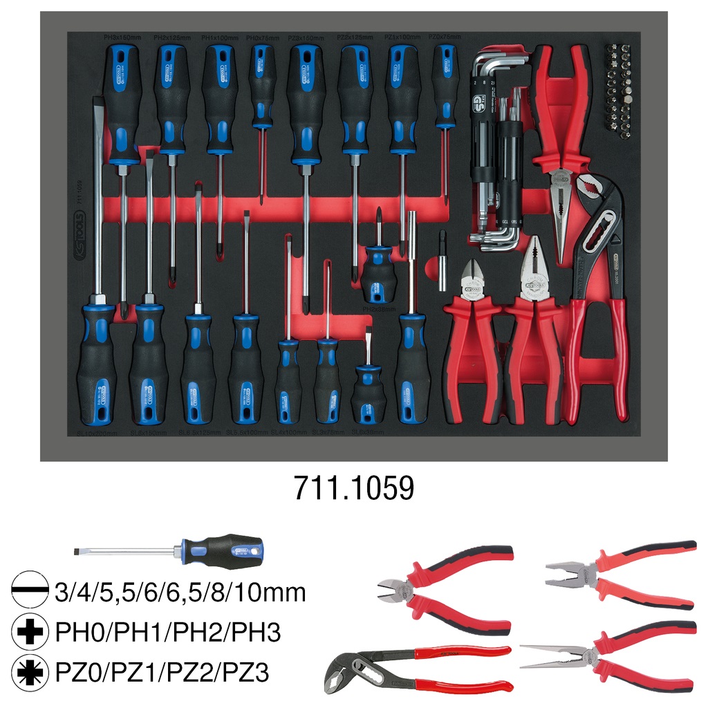 KS Tools 711.1059 Set di Pinze e Cacciaviti, 59 Pezzi, Modulo 1/1, Resistente ad Olio e Agenti Chimici