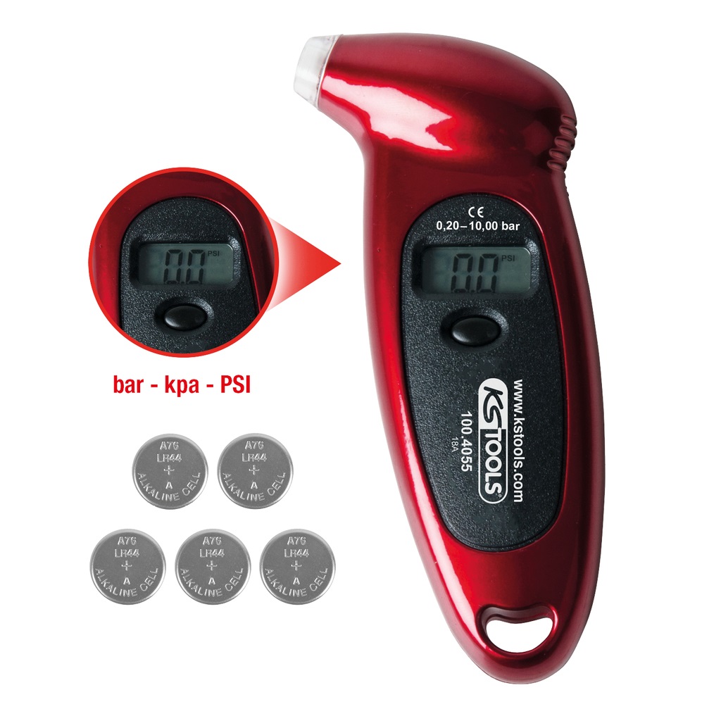 KS Tools Misuratore di Pressione Pneumatici Digitale 0.20 - 10.0 bar, Lunghezza 135 mm, Commutabile in Bar, kPa, PSI e kg/cm²