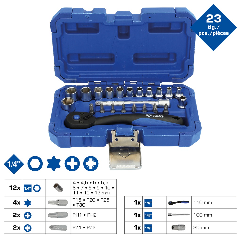 BRILLIANT TOOLS BT020023 - Set di Chiavi a Bussola 1/4, 23 pz, Qualità Made in Germany per Fai-da-te e Meccanica