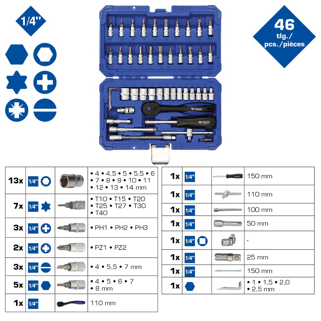 KS TOOLS Set di Bussole BT020046 - 46 pz, 1/4, Qualità Made in Germany per Fai-da-te e Meccanica