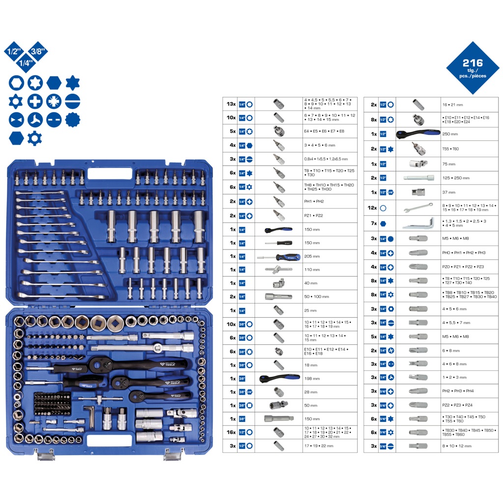 BRILLIANT TOOLS BT023216 - Set di Chiavi a Bussola 216 pz, 1/4, 3/8, 1/2, Qualità Made in Germany