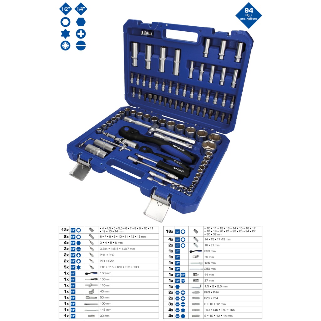 Brilliant Tools BT023094 Set di Bussole, 94 pz, 1/4 e 1/2, Qualità Made in Germany
