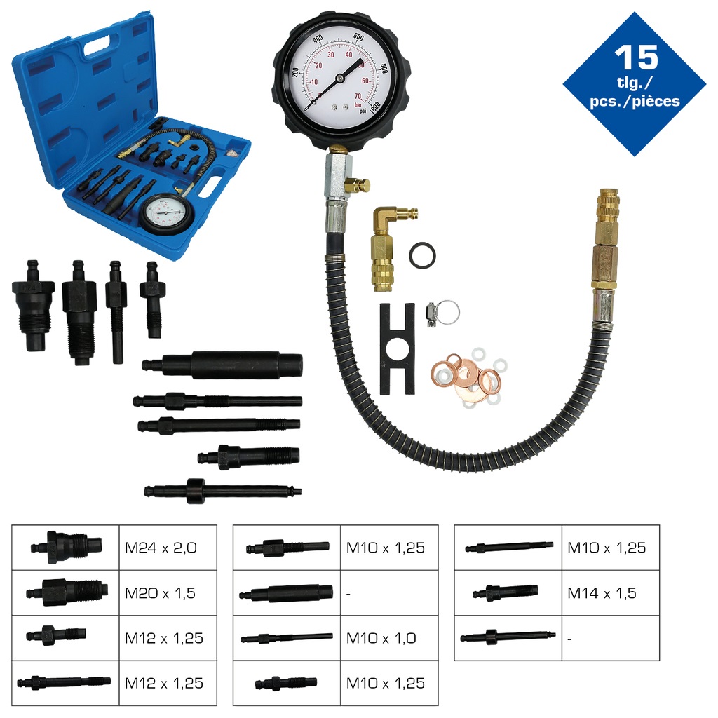 Brilliant Tools BT581050 Kit Tester Compressione per Motori a Diesel, 15 pz - Qualità Made in Germany