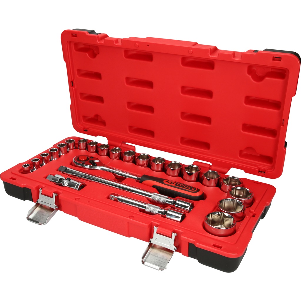 KS Tools 958.0624 Set di chiavi a bussola 1/2'' CHROMEplus, 24 pezzi, FlankTraction, Cromo-vanadio, Cromate lucide, in valigetta di plastica