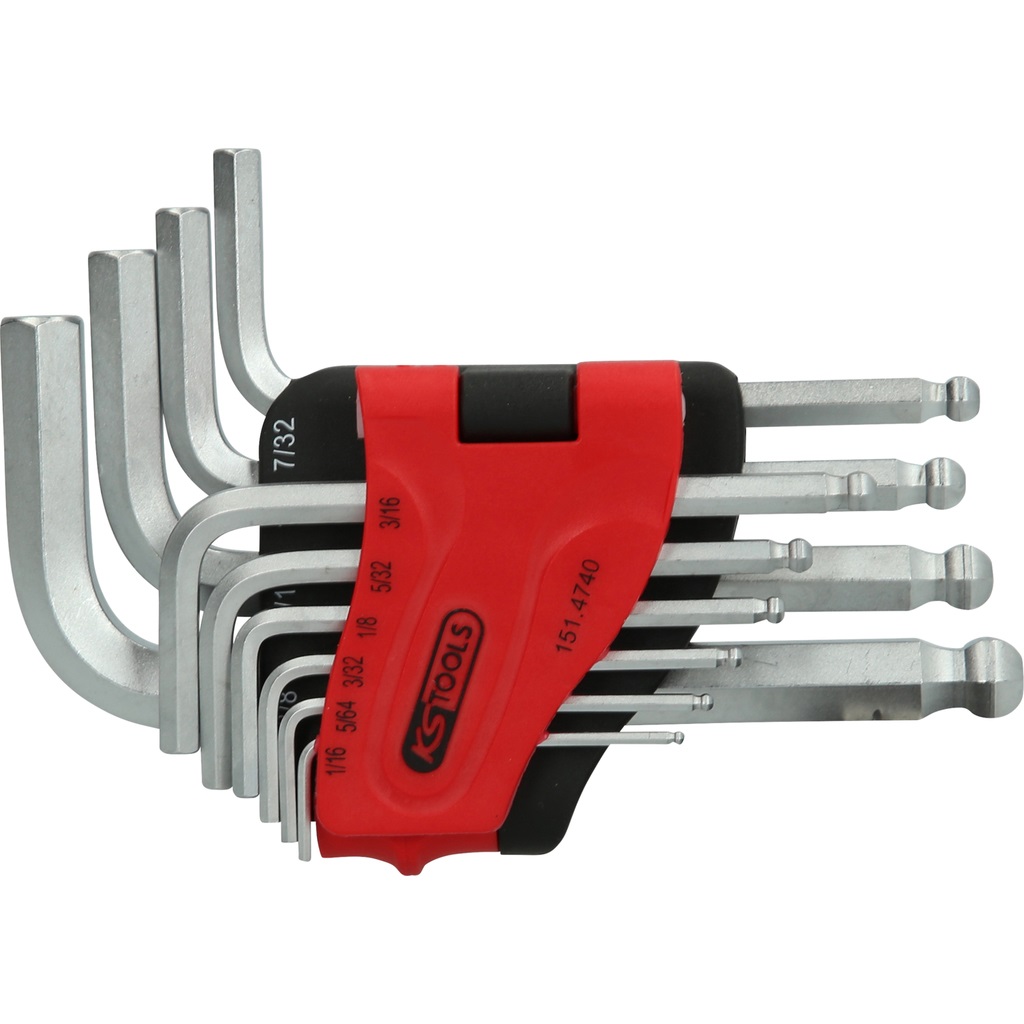 KS Tools 151.4740 Set di chiavi maschio ad esagono incassato con testa a sfera, 10 pz, corta, 1/16-3/8, adatto per viti difficilmente raggiungibili