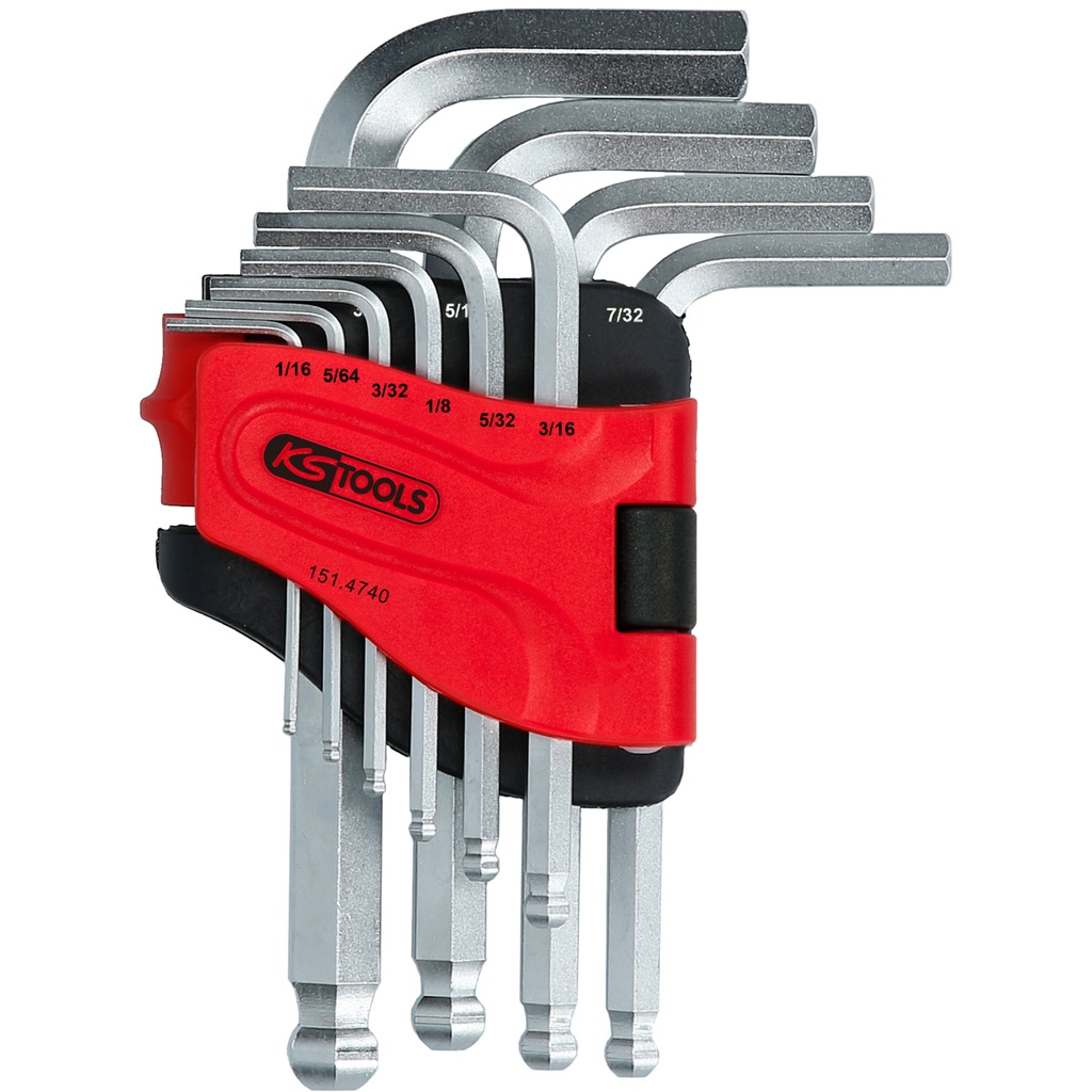 KS Tools 151.4740 Set di chiavi maschio ad esagono incassato con testa a sfera, 10 pz, corta, 1/16-3/8, adatto per viti difficilmente raggiungibili