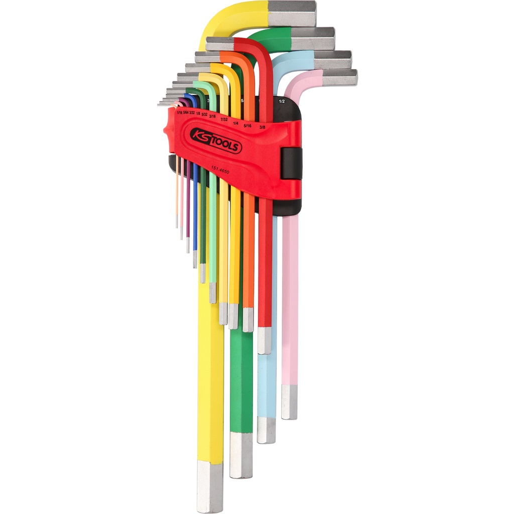 KS Tools 151.4650 Set di Chiavi a Brugola Extra Lunghe, 14 Pezzi, Esagonali, Misure in Pollici, Completamente Temprate