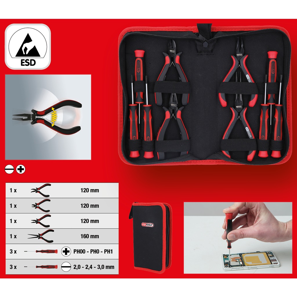 KS TOOLS Kit attrezzi 500.7220 - Cacciaviti, Pinze, Taglio di Precisione e Molla Doppia Apertura