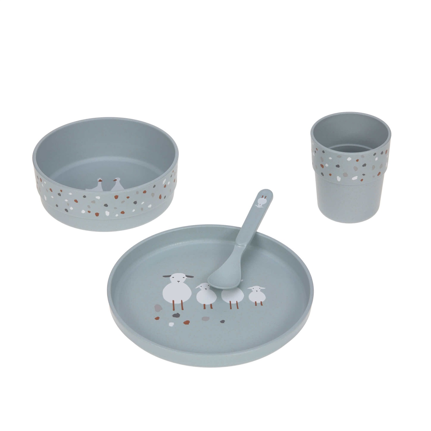 LÄSSIG Set di Stoviglie per Bambini Tiny Farmer - Piatto, Ciotola, Tazza e Cucchiaio in Polipropilene Blu, Senza BPA, Lavabile in Lavastoviglie e Adatto al Microonde