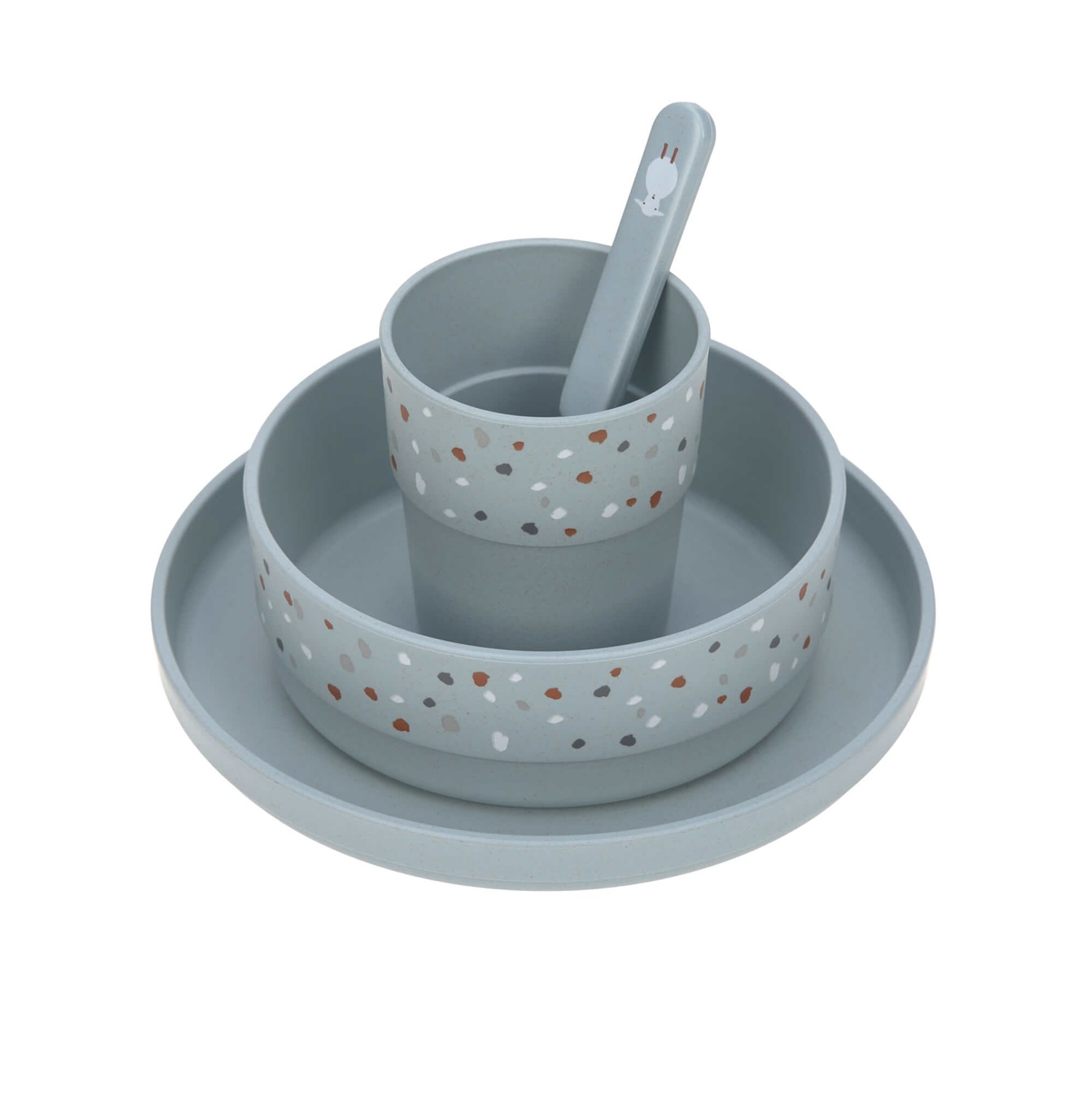 LÄSSIG Set di Stoviglie per Bambini Tiny Farmer - Piatto, Ciotola, Tazza e Cucchiaio in Polipropilene Blu, Senza BPA, Lavabile in Lavastoviglie e Adatto al Microonde